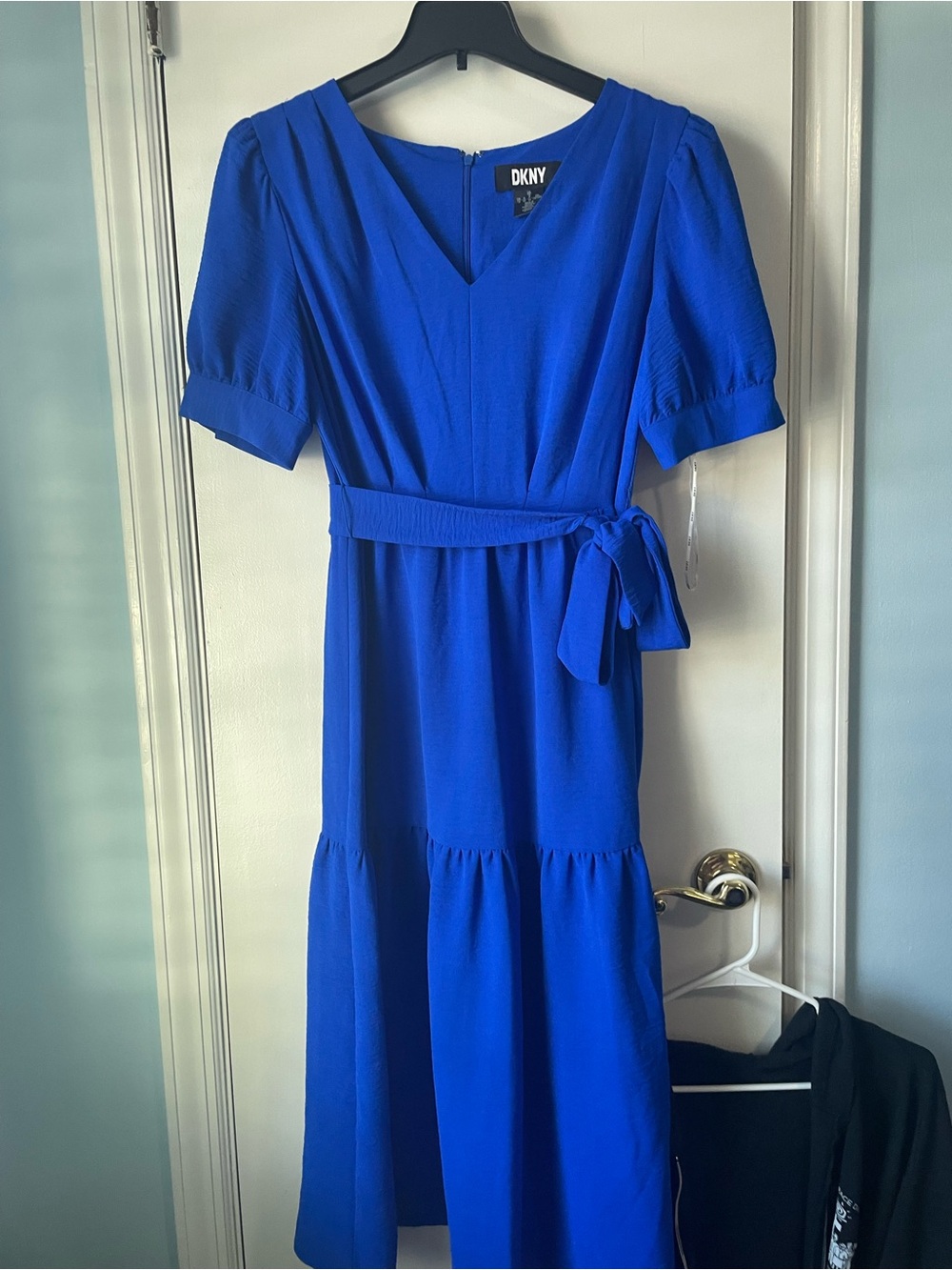 DKNY Cobalt Blue V‑Neck Tie‑Waist Midi Dress